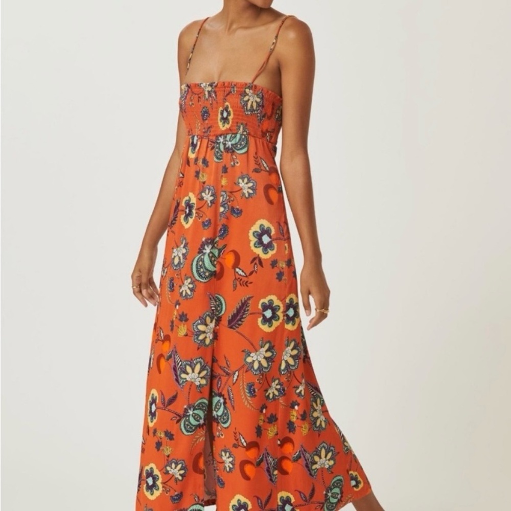Anthropologie Orange Floral Smocked Maxi Dress